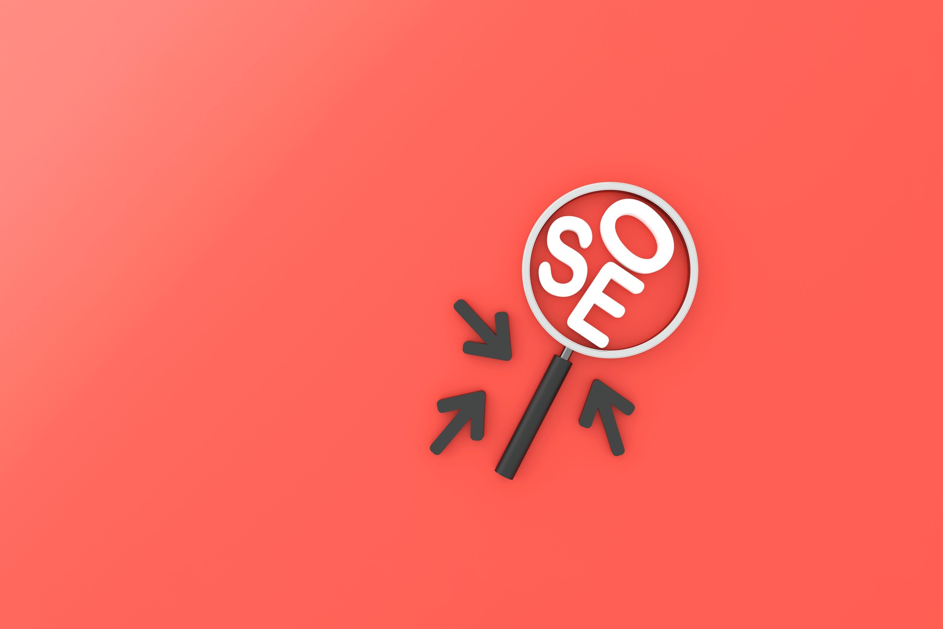 seo magnifying glass with arrows on red background for search optimization